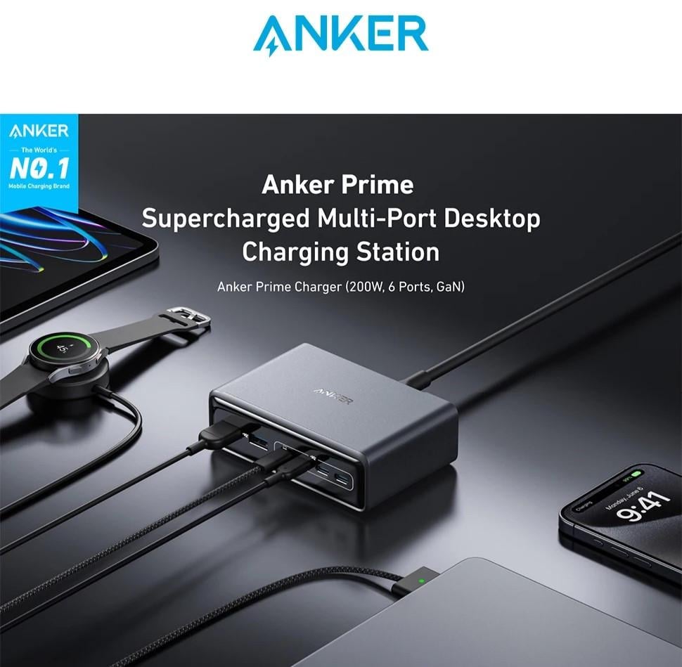Зарядний пристрій мережевий Anker GaNPrime 200W 4xUSB-C PD + 2xUSB-A Black - фото 6