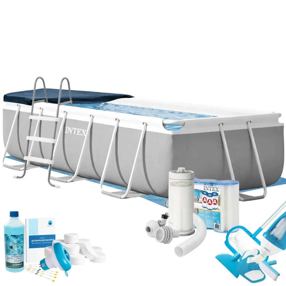 Бассейн каркасный прямоугольный MaxPro Intex 26788-10в1 с фильтром пылесосом/химией/тентом Серый (147-9-26788-10 MaxPro)