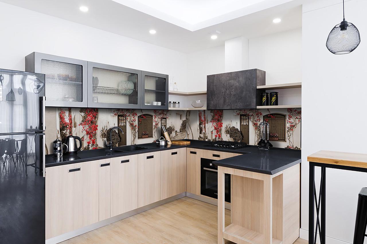 Кухонный фартук Красные цветы на белых стенах из самоклеющейся виниловой пленки 60х250 см Бежевый