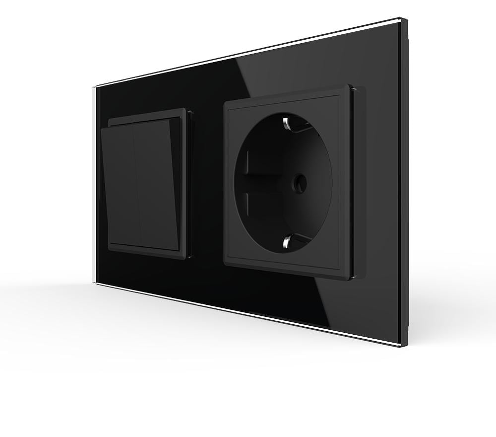 Выключатель двойной с розеткой Livolo 16А 230В с заземлением/защитными шторками стекло Черный