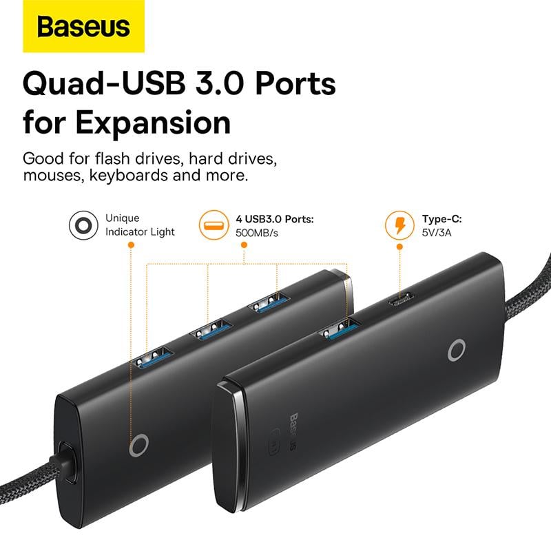 USB-хаб BASEUS Lite Series 4-Port Type-C HUB Adapter Type-C to USB 3.0х4 25 см Black (WKQX030301) - фото 12