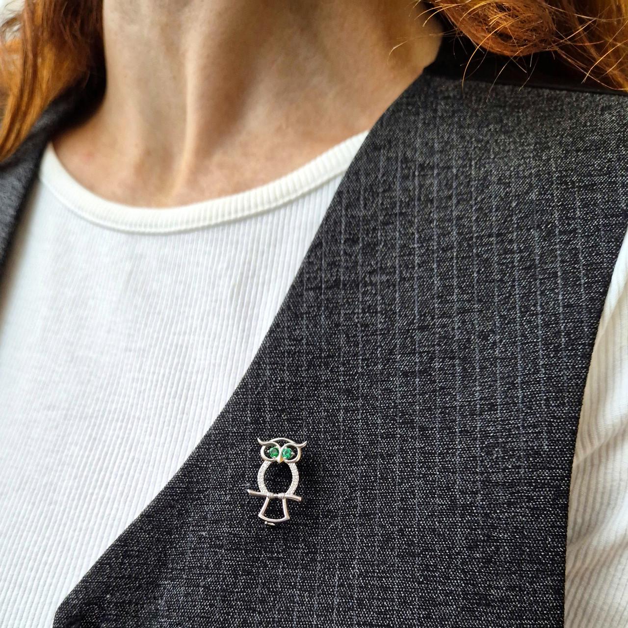 Срібна брошка Сова із Зеленими очима 925 проби родоване 1,80 г (7048r) - фото 4
