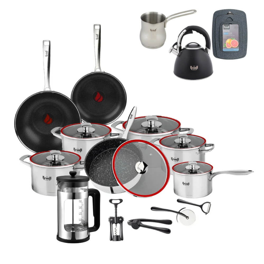 Кухонний набір "Все й одразу" Krauff каструлі з кришками 2,7/ 3,7/4,7/6,1 л, сковороди 26/28 см, набір ножів, кухонних аксесуарів 18пр (55-333-608)