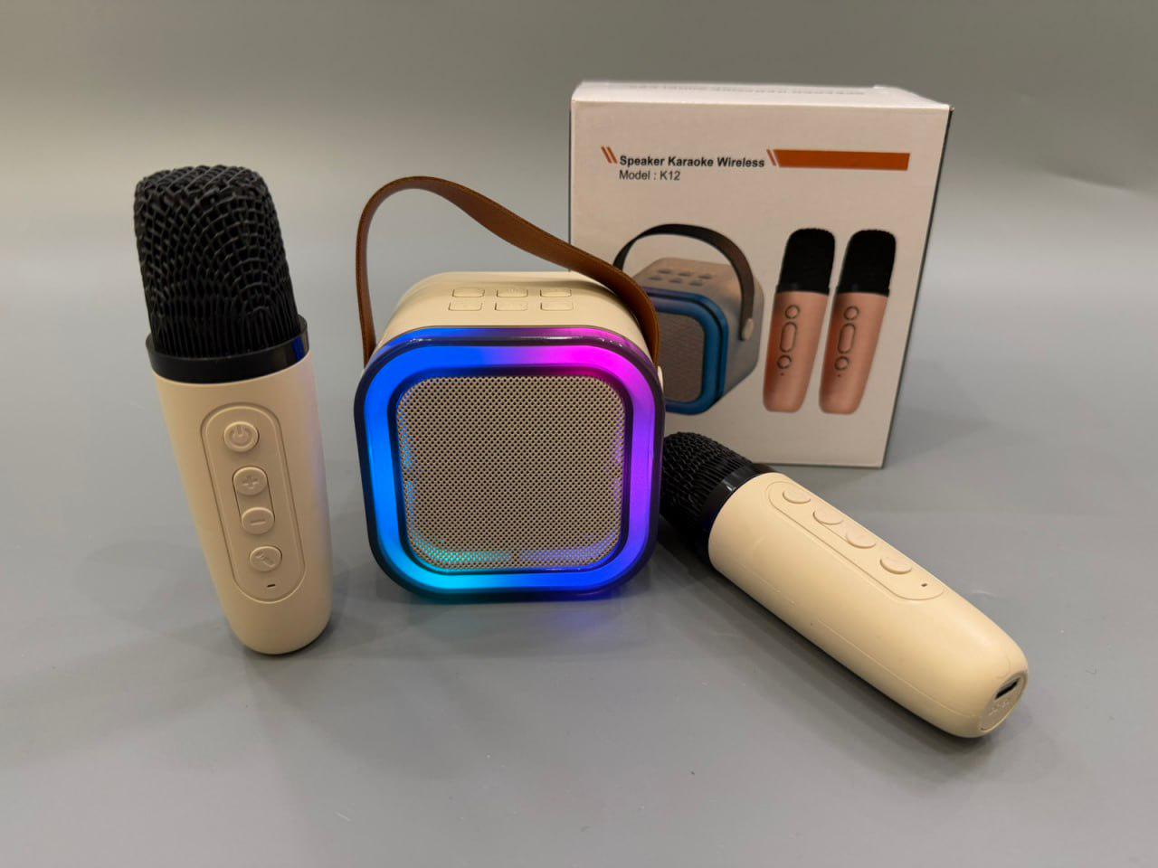 Колонка портативная 2 беспроводных микрофона/подсветка TFслот Bluetooth USB зарядка 15,5-15-8 см Бежевый (K12)