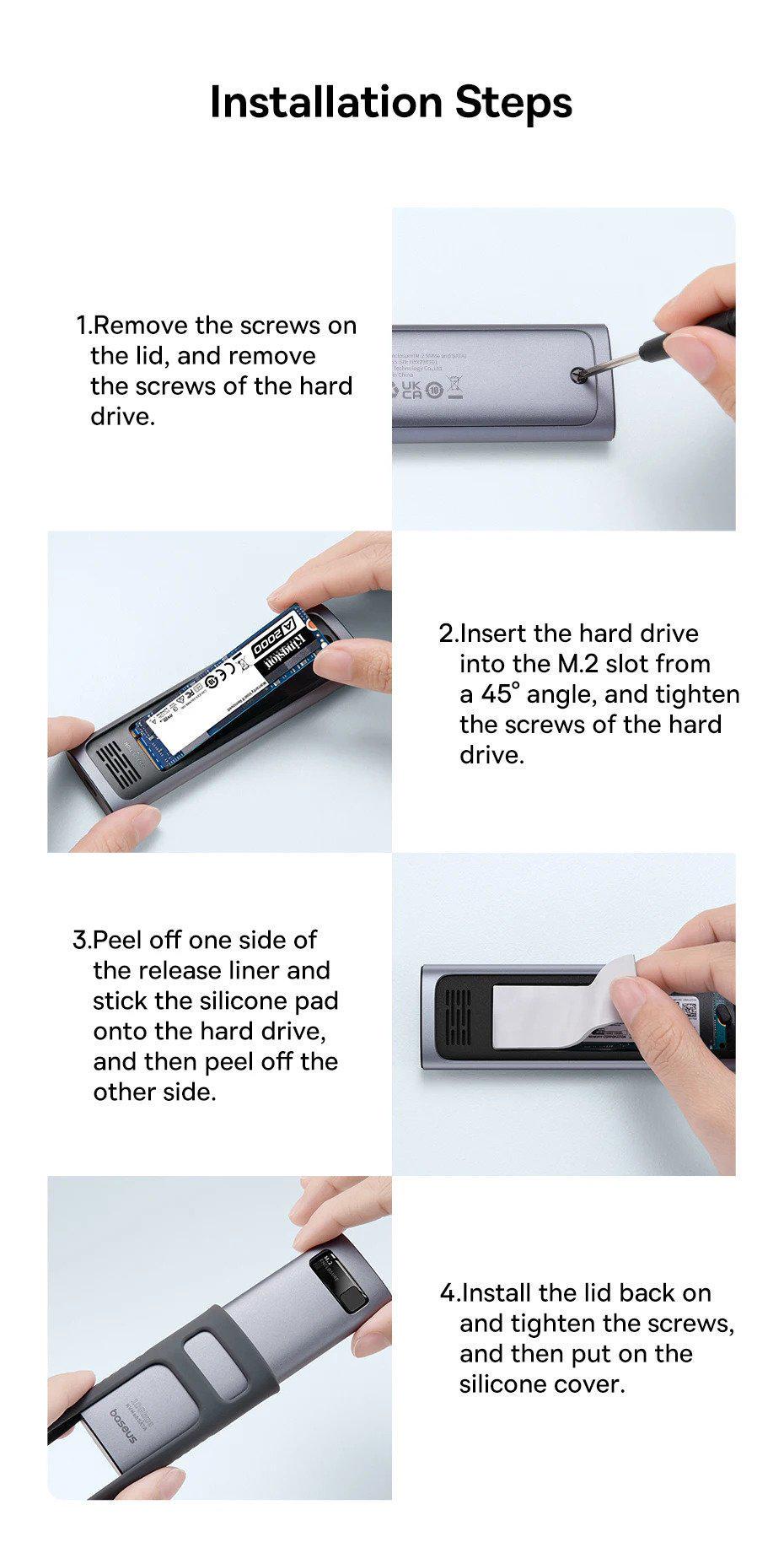 Корпус BASEUS для M.2 NVME та SATA SSD дисків FlyJoy 10 Гбіт/с USB 3.2 Gen2 2280/2260/2242/2230 для PCI-e та NGFF Сірий (B00760600811-00) - фото 14 Корпус BASEUS для M.2 NVME та SATA SSD дисків FlyJoy 10 Гбіт/с USB 3.2 Gen2 2280/2260/2242/2230 для PCI-e та NGFF Сірий (B00760600811-00) - фото 14