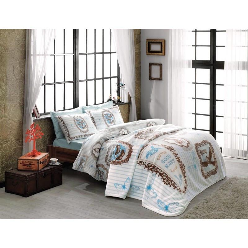 Набор постельного белья TAC ранфорс и плед Camille turkuaz V3 полуторный (2000008484954)