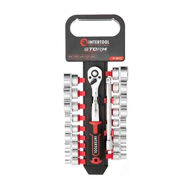 Набор головок Intertool ET-8015 Cr-V 3/8" 6-24 мм + удлинитель/рукоятка с храповым механизмом 72 зуба 20 ед. (11377046)