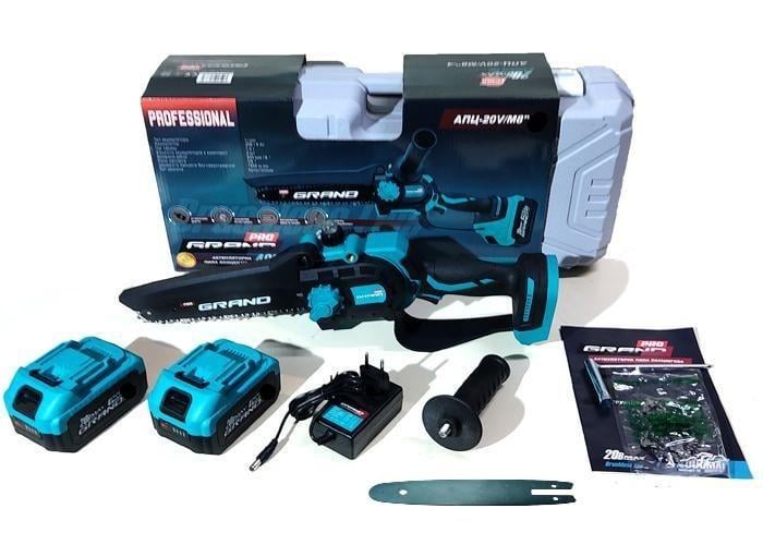 Электропила аккумуляторная цепная Grand АПЦ-8М/3-2 бесщеточный мотор/2хАКБ 3000 мАч/цепи 2 шт./шины 2 шт./зарядное устройство/кейс (29701462)
