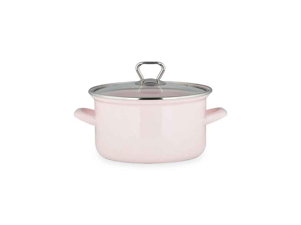 Кастрюля Biol эмалированная 4,6 л со стеклянной крышкой 22 см Розовый (CE22P)