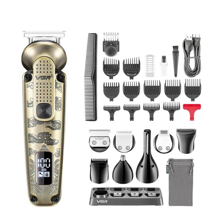 Тример-машинка для стрижки волосся VGR V-103 для бороди та носа/підставка 19 насадок Бронзовий
