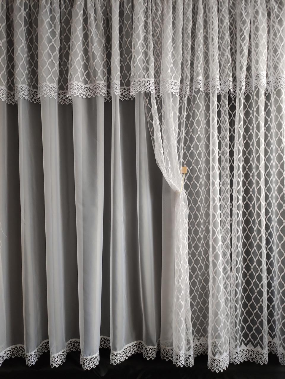 Тюль-сетка с подхватчиком Готовая занавеска 380х200 см Белый (ромб-бел) - фото 1 Тюль-сетка с подхватчиком Готовая занавеска 380х200 см Белый (ромб-бел) - фото 1
