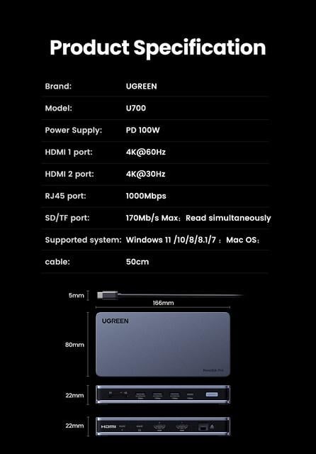 Концентратор USB UGREEN U700 Revodok Pro Type-C Type-A HDMI RJ45 SD/TF PD100W Grey (73993) - фото 9