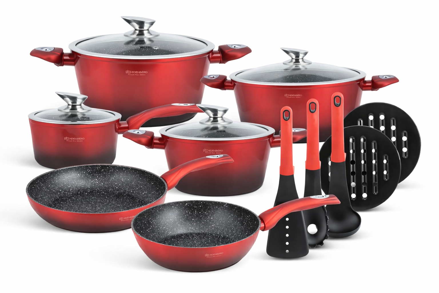 Набір кухонного посуду EB-5619 з індукційним дном 15 пр. Червоний (GR-05802)