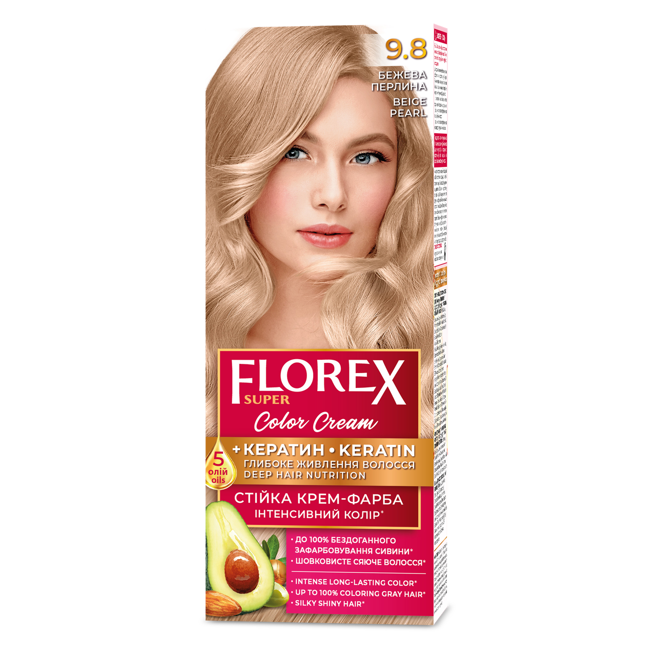 Крем-краска для волос стойкая Florex кератин 9.8 120 мл Бежевая жемчужина