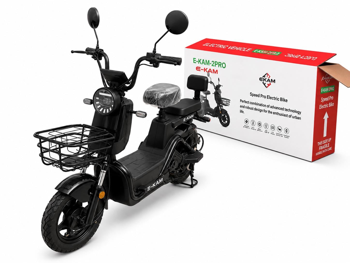 Электроскутер двухместный EKAM-2PRO 1500W 60V 30Ah с корзиной и дисплеем