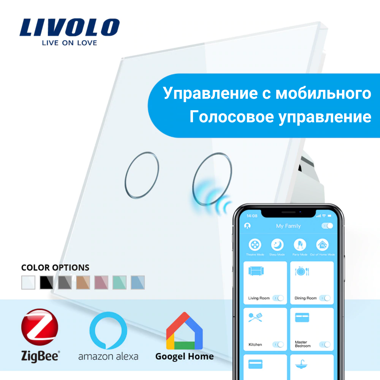 Выключатель сенсорный Livolo ZigBee Wi-Fi 2 канала стеклянный Белый (VL-C702Z-11) - фото 3