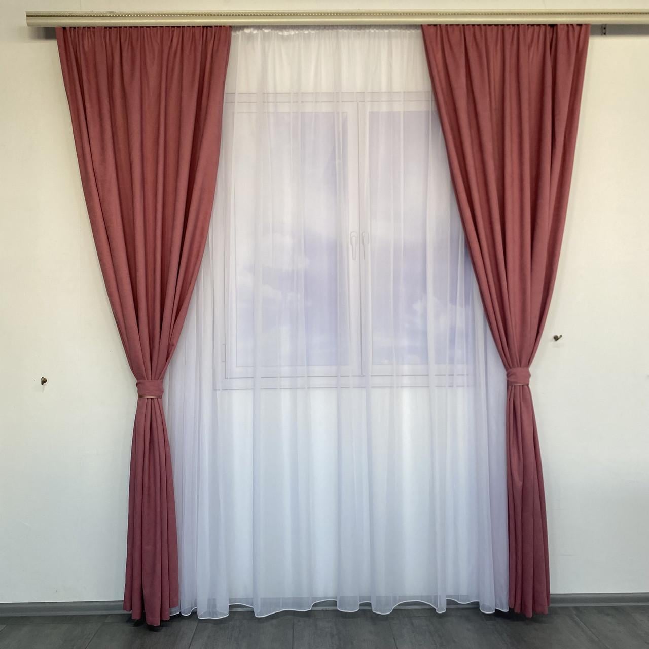 Шторы готовые однотонные микровелюр с тюлем Розовый