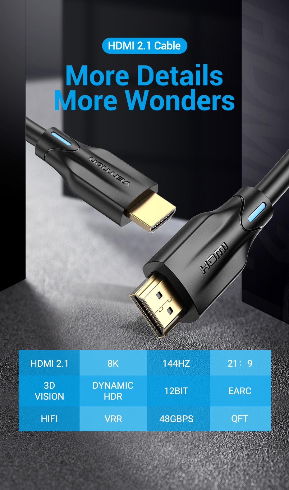 Кабель Vention HDMI 2.1 4K 120Hz 48 Гбіт/с Dolby Vision Dynamic HDR eARC HDCP 2.3 Dolby Atmos 10 м Чорний (AANBL) - фото 2