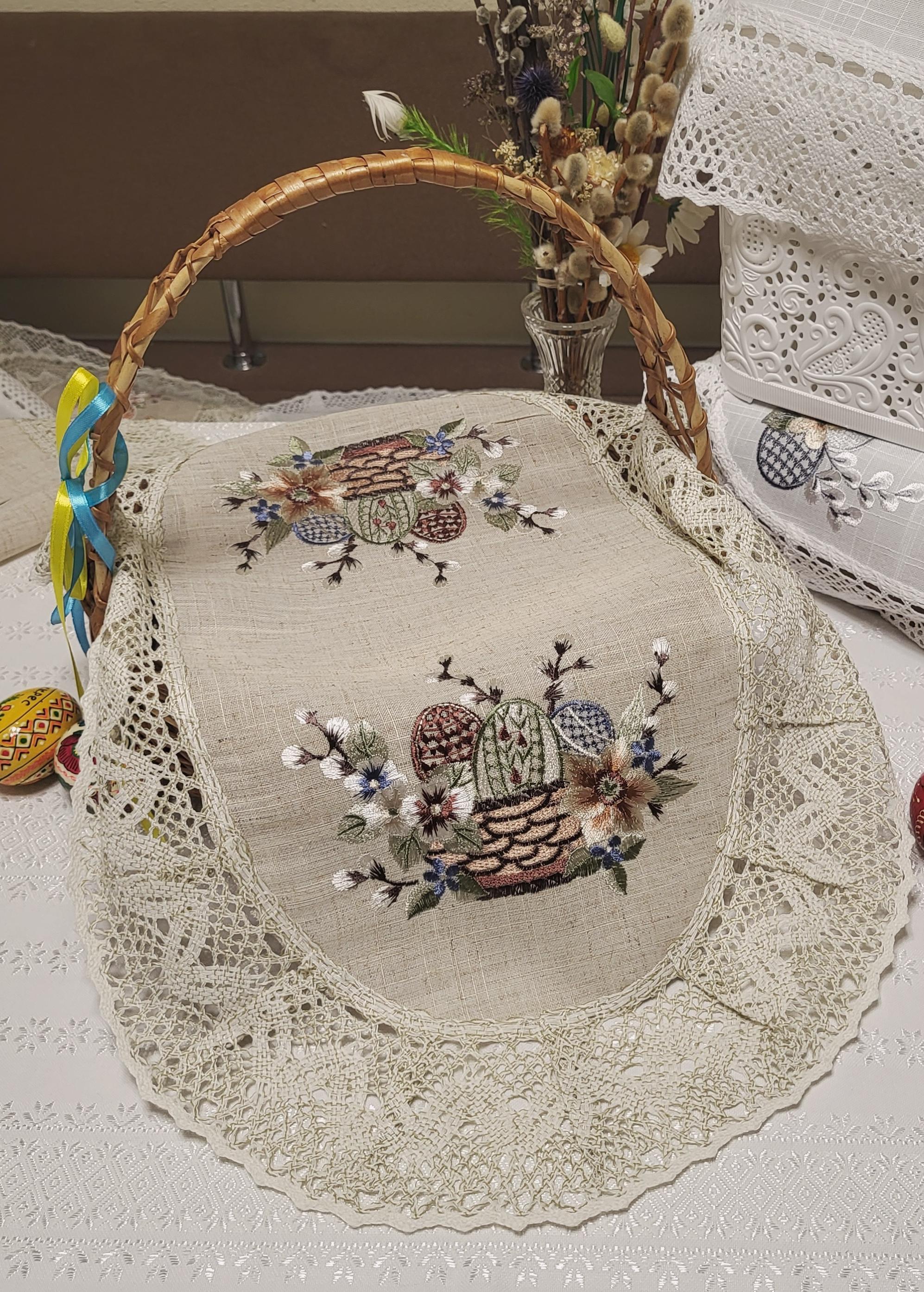 Серветка-рушник на великодній кошик з вишивкою та мереживом (33305506)