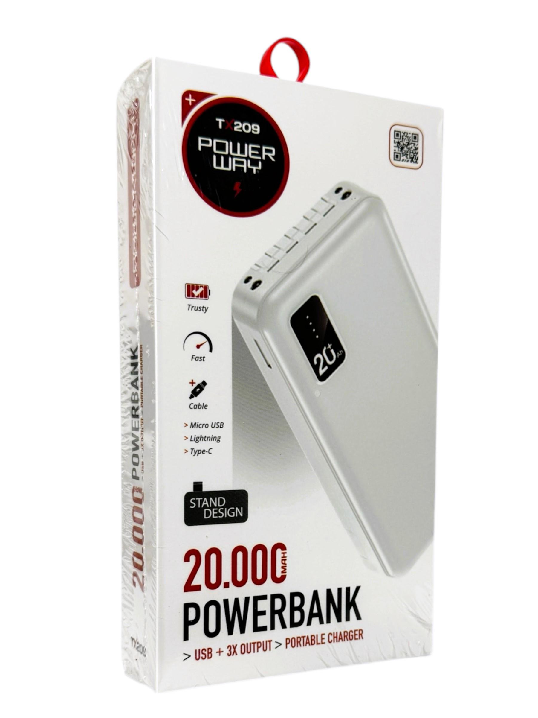 Повербанк PowerWay TX209 20000 mAh с фонарем и со встроенными кабелями/быстрой зарядкой/встроенной подставкой Белый (1746009755) Повербанк PowerWay TX209 20000 mAh с фонарем и со встроенными кабелями/быстрой зарядкой/встроенной подставкой Белый (1746009755)