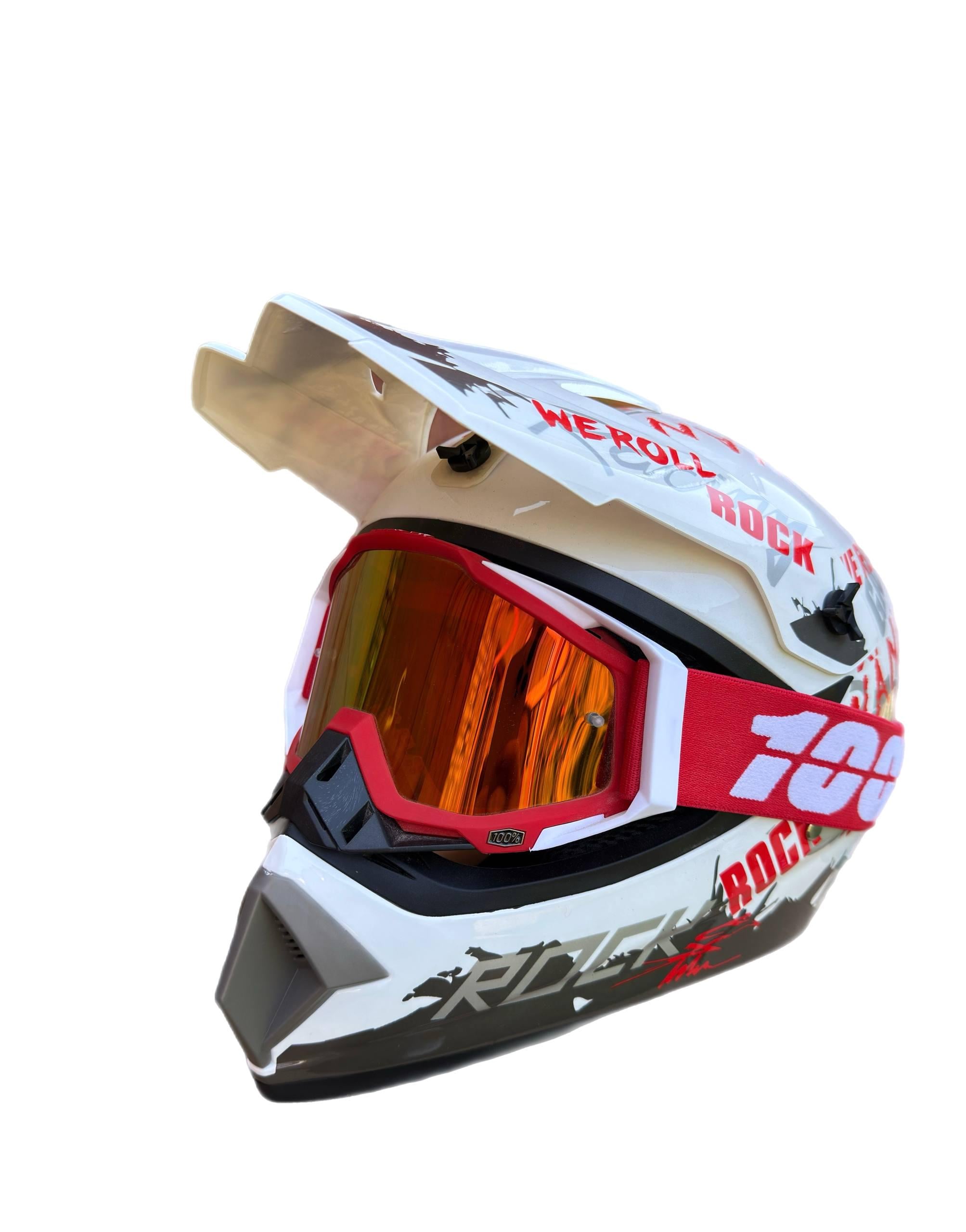 Мотошлем эндуро кроссовый Helmet Rock M Бело-красный и очки Profi 100% Красно-белый (0361)