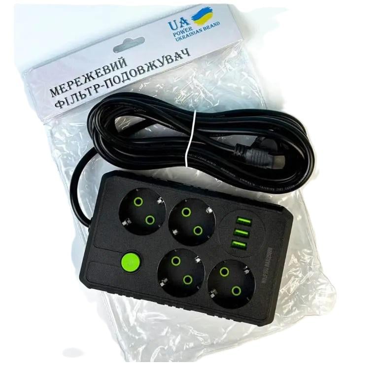 Удлинитель сетевой UA Power F15U 16A 4 розетки 3USB 4 м Black - фото 4