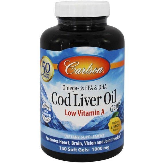 Жир із печінки тріски Carlson Labs Cod Liver Oil Gems Low Vitamin A 1000 мг 150 Soft Gels Lemon Flavor