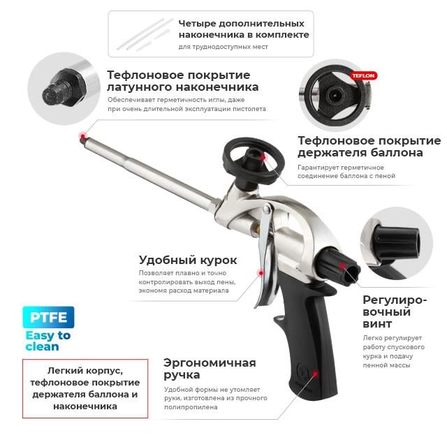 Пистолет для пены Intertool PT-0604 с тефлоновым покрытием держателя баллона + 4 насадки (110952) - фото 8