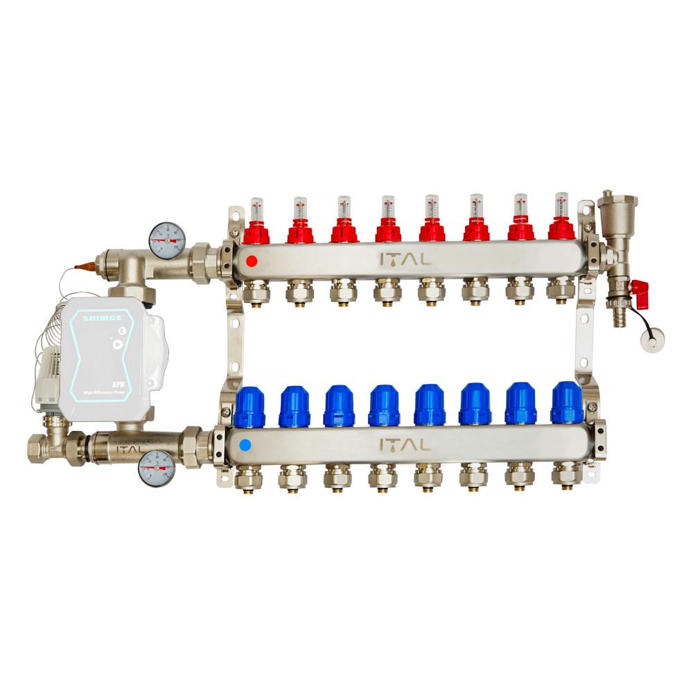 Комплект коллектора с расходомерами ITAL UHW-A08 из нержавеющей стали с прямым подключением Комплект коллектора с расходомерами ITAL UHW-A08 из нержавеющей стали с прямым подключением