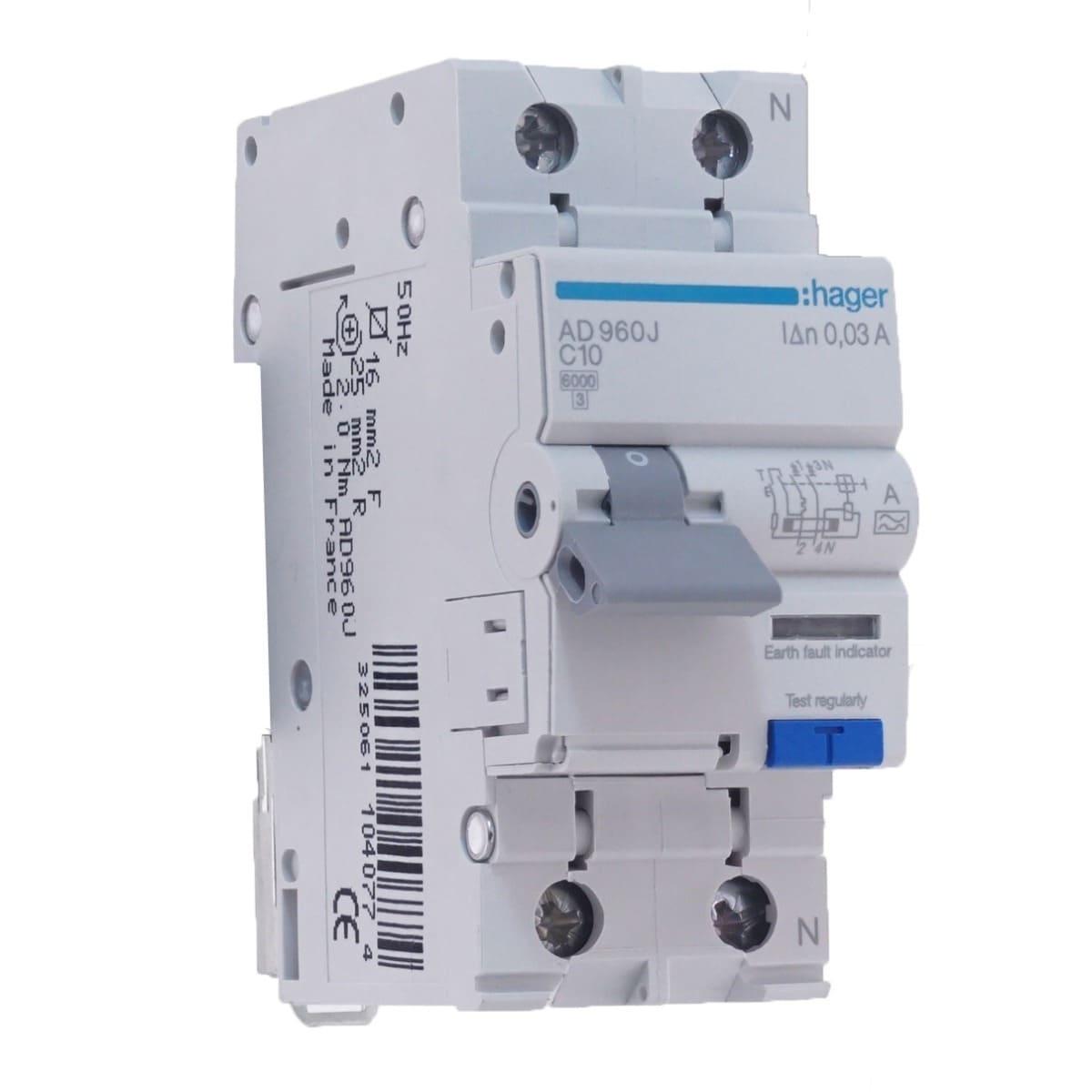 Дифавтомат Hager 10A 30mA 6kA 2 полюса тип C тип A AD960J (00571)