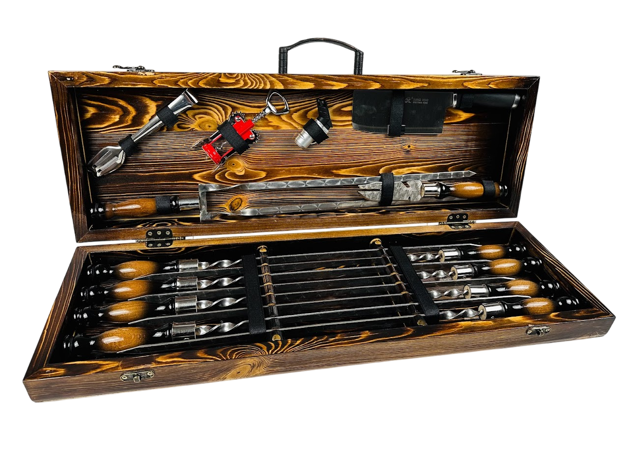 Набор ручной работы шампуров Трофей LUX с аксессуарами 14 предметов в кейсе 75х24х10 см Коричневый (124-10-KS-7810)