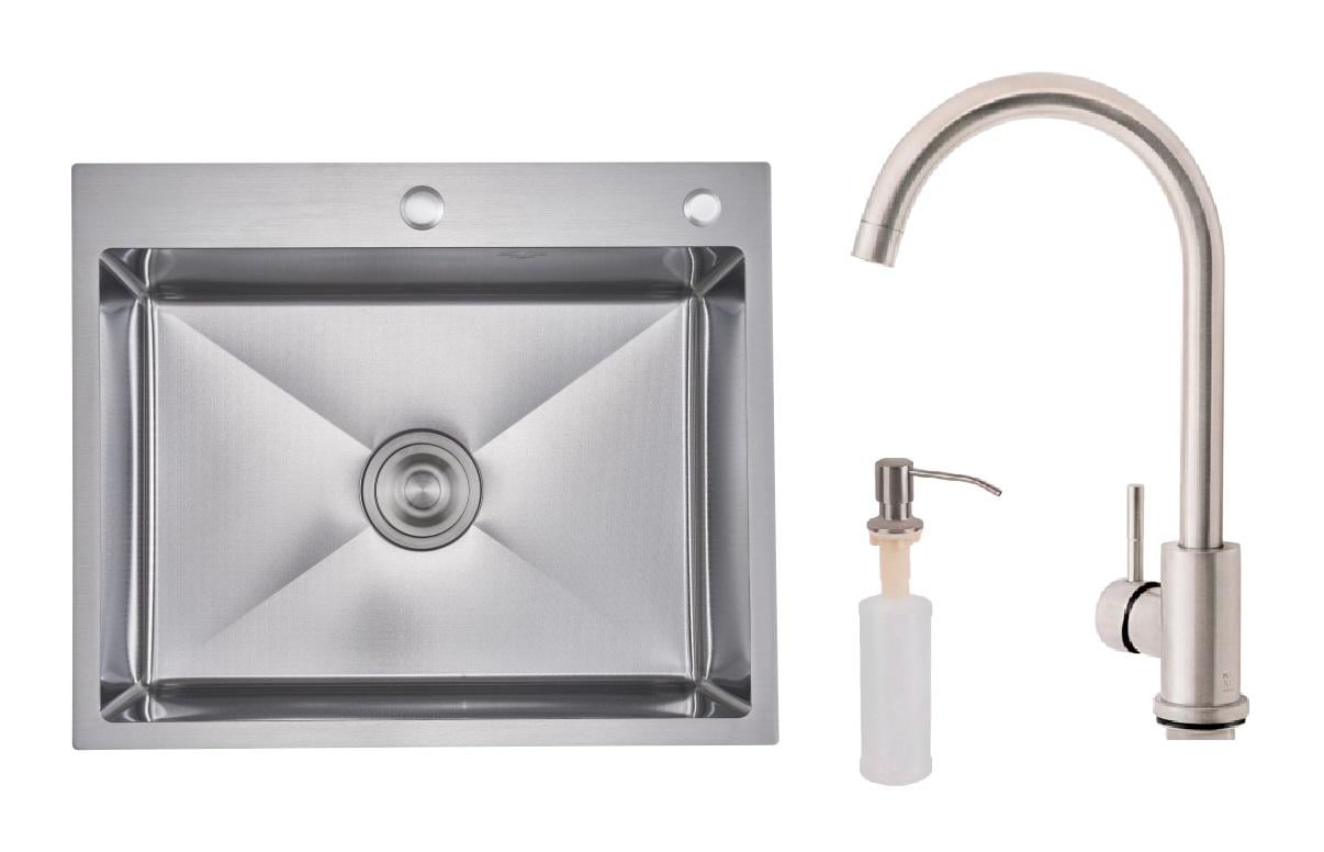 Мийка для кухні з нержавіючої сталі мікродекор Lidz 60/50 з краном та дозатором Сатин Мийка для кухні з нержавіючої сталі мікродекор Lidz 60/50 з краном та дозатором Сатин