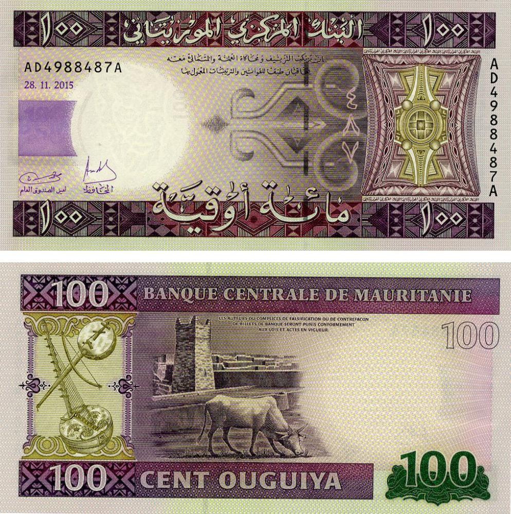 Коллекционная банкнота Мавритания 100 угий 2015 UNC Корова (P16b)