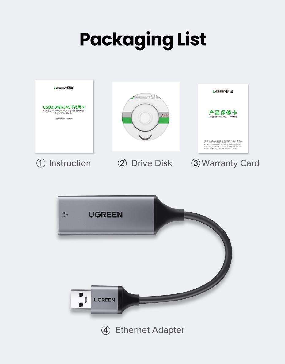 Сетевая карта UGREEN USB-Ethernet 1 Гбит/с LAN USB 3.0-RJ45 1000 Мбит/с металлический Серый (50922) - фото 8