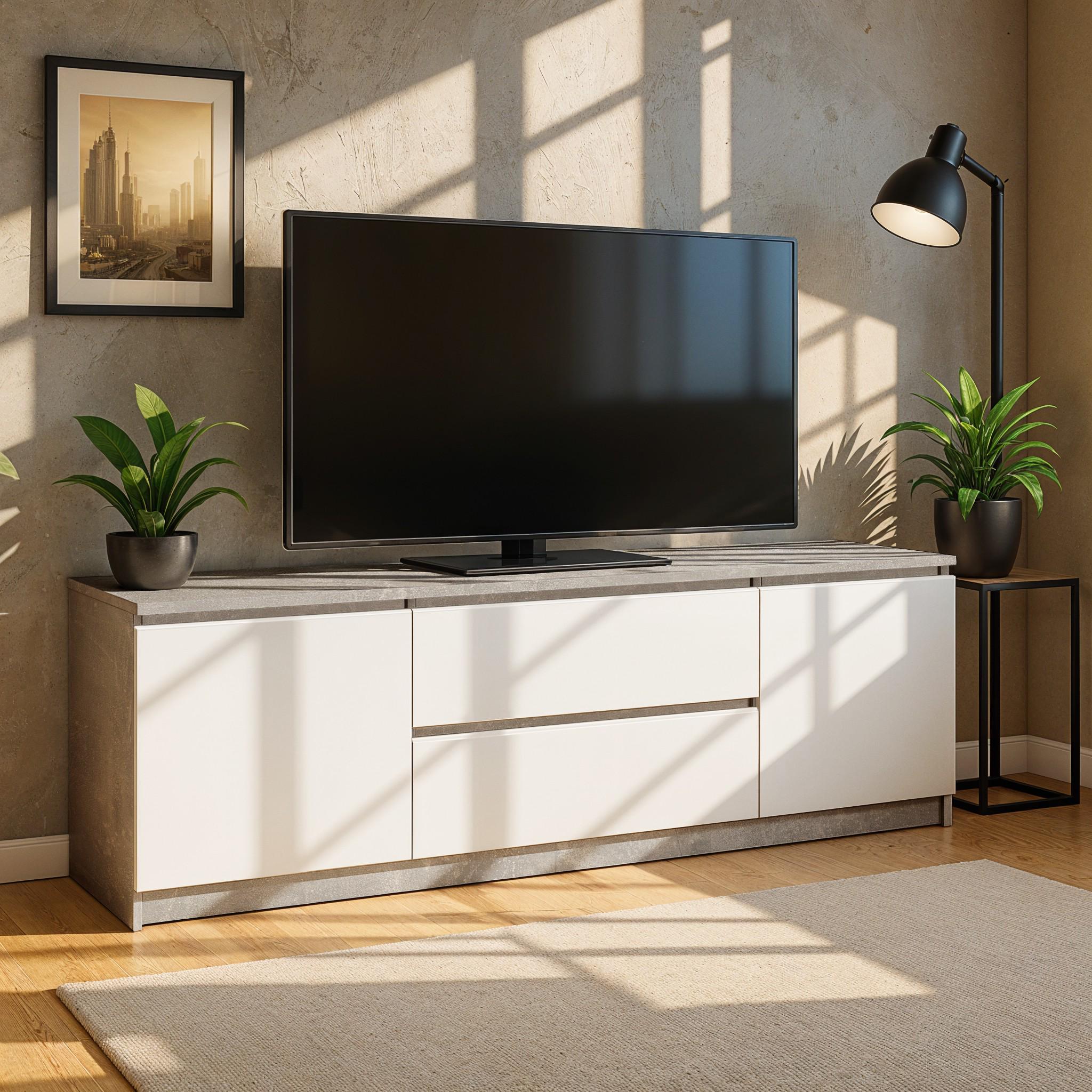 Тумба під телевізор на 2 шухляди без ручок Sigma 1304х370х530 мм Бетон/Білий