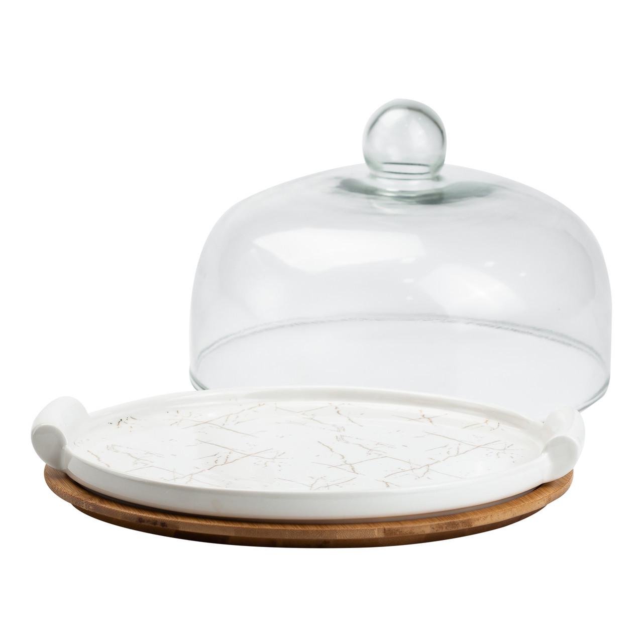 Тортовница керамическая со стеклянной крышкой на бамбуковой подставке HP1203 (A-032685) - фото 2 Тортовница керамическая со стеклянной крышкой на бамбуковой подставке HP1203 (A-032685) - фото 2