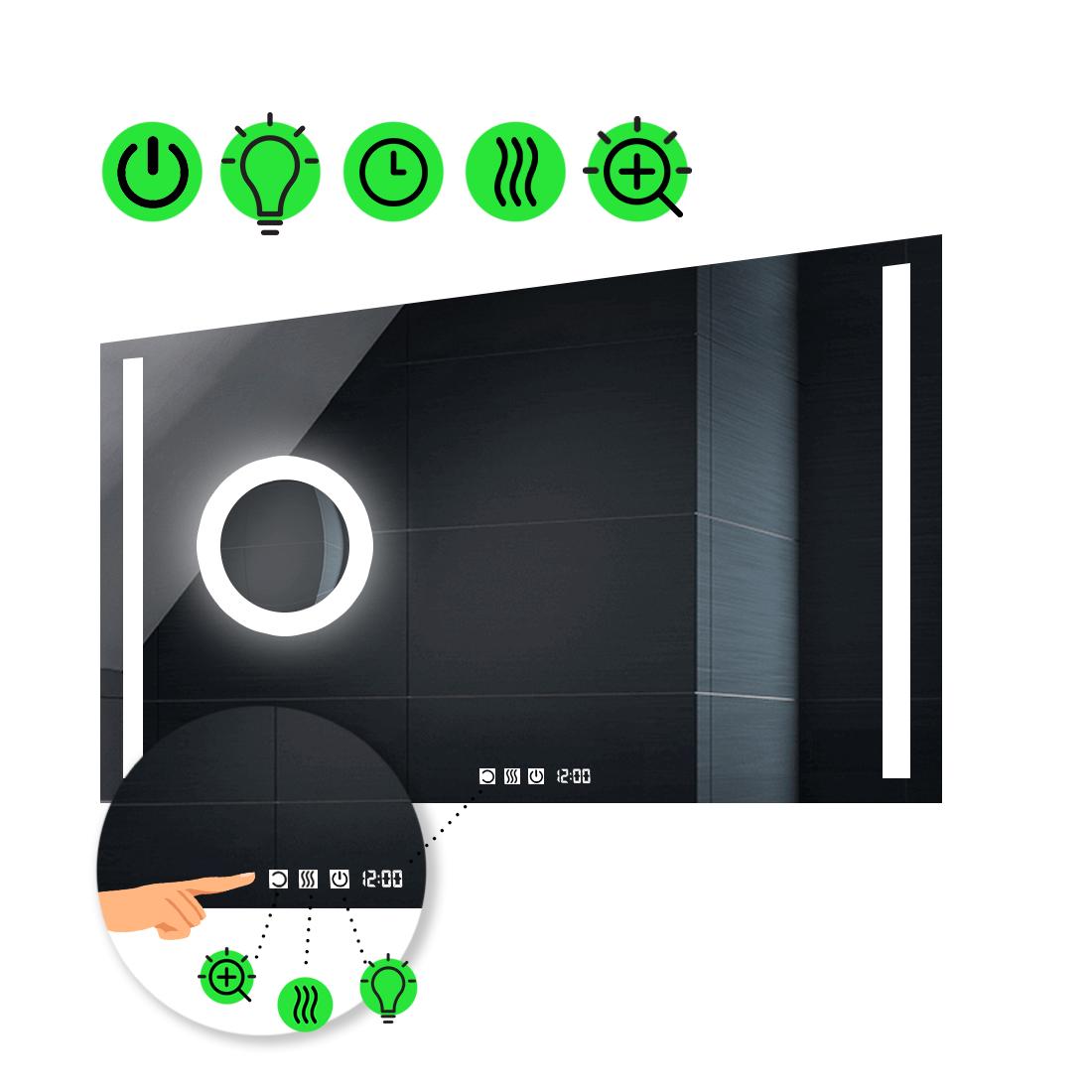 LED-зеркало 70x60 см с тремя сенсорами/часами/подогревом и линзой с подсветкой Adelita (Adelitag09)