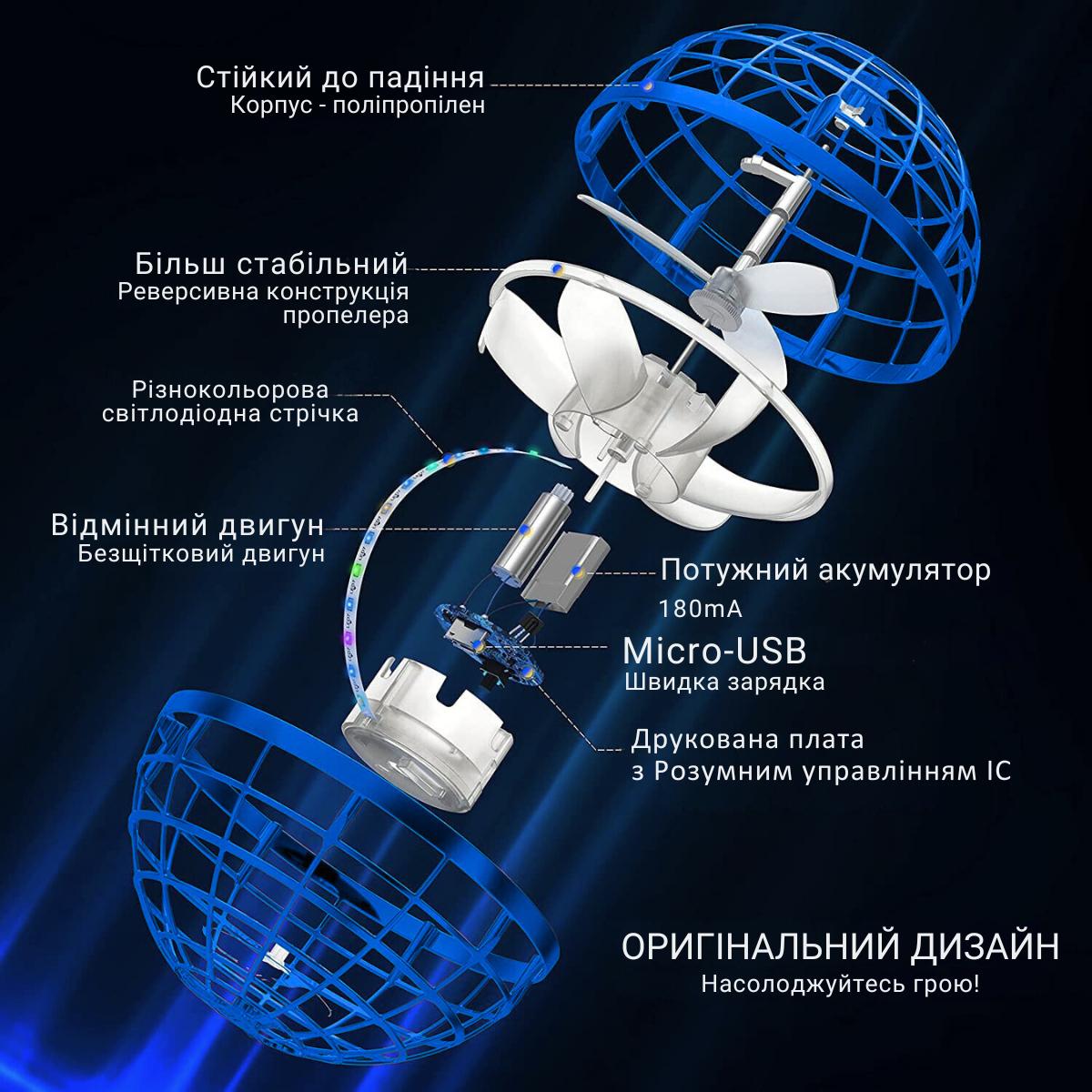 Летающий шар FlyingBall с LED подсветкой 9,5 см Синий (713) - фото 4