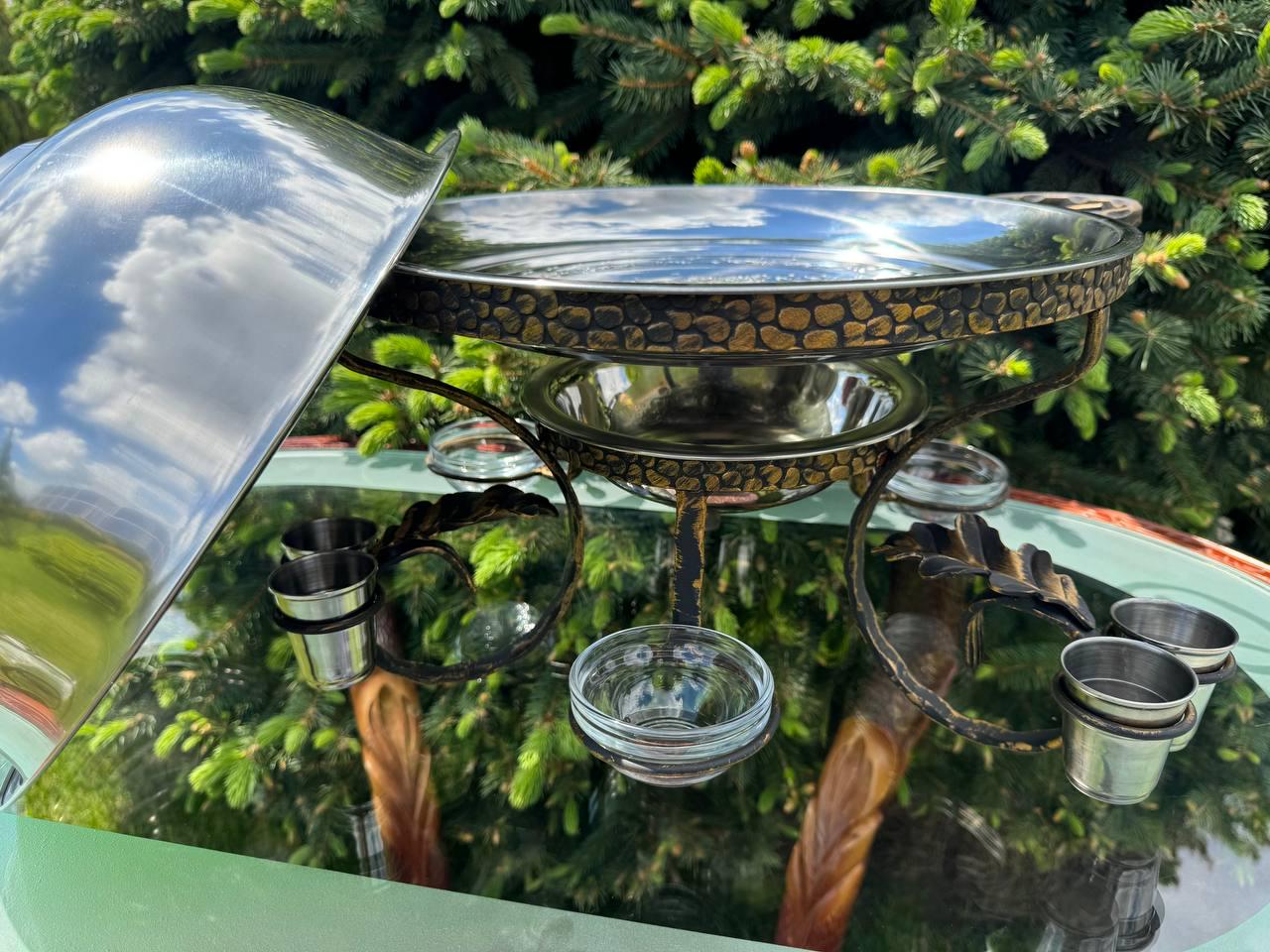 Садж для подачі шашлику камінь з підігрівом 3 соусниці 6 чарок 36 см - фото 3