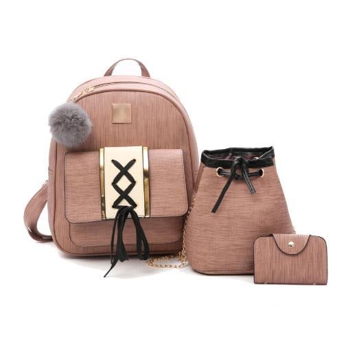 Рюкзак Qniniz Rosy с сумкой и помпоном 17х18 см Brown (32410)