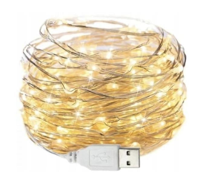 Гирлянда Роса 10м, проволка на батарейках+ USB: 100 LED, теплый белый a29warmwhite