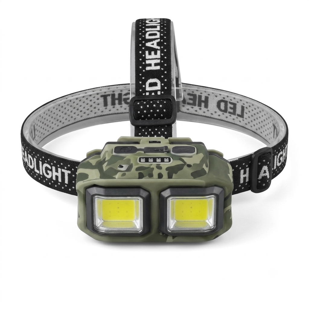 Фонарь налобный HX-816-2COB LED аккумуляторный сенсорный датчик движения 4 режима красный свет Камуфляж (3100869785)