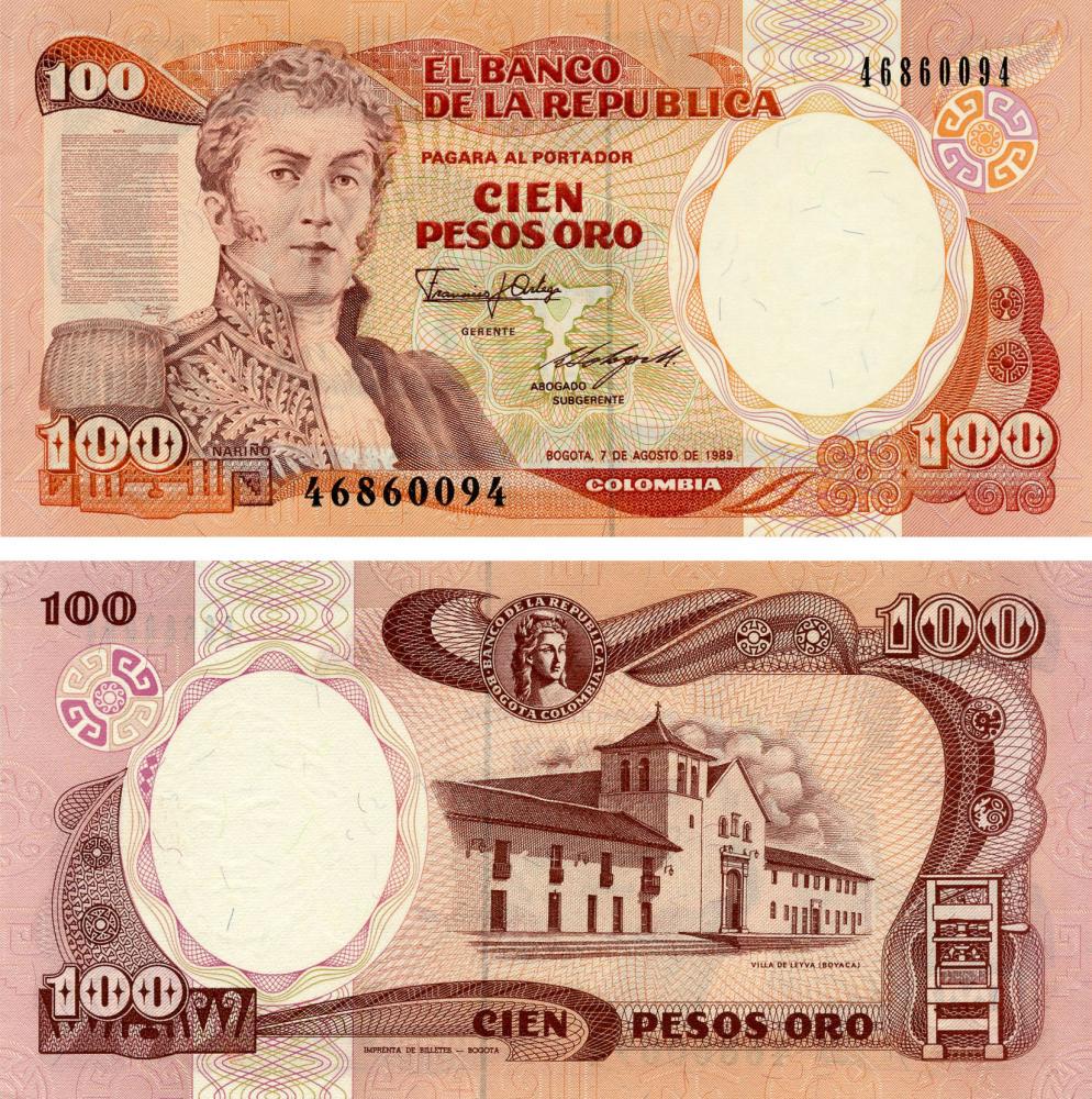Коллекционная банкнота Колумбия 100 песо оро 1989 UNC P426d (Б05528) Коллекционная банкнота Колумбия 100 песо оро 1989 UNC P426d (Б05528)
