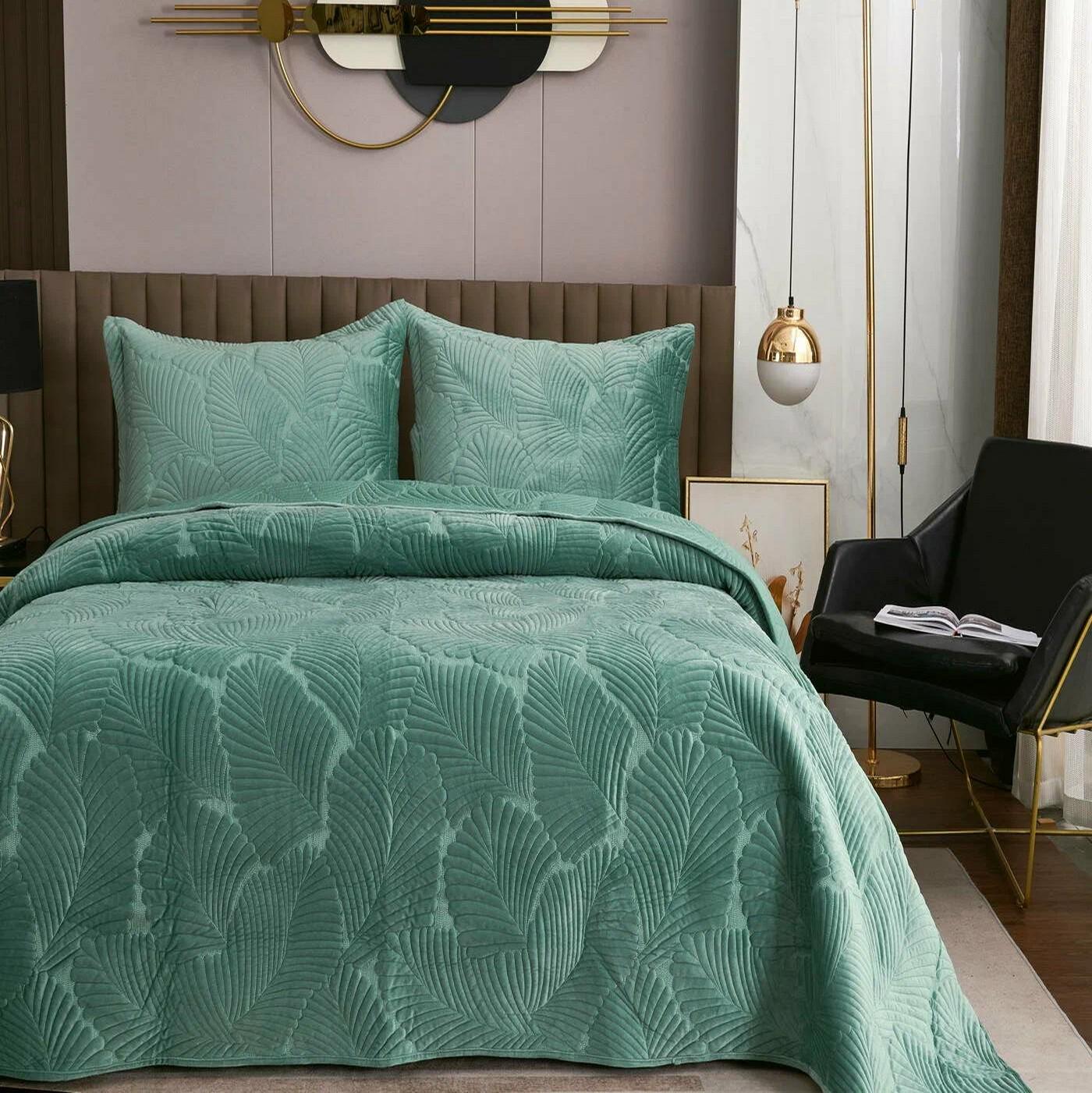 Покрывало Лист стеганый микрофибра-велюр 200х220 см Бирюзовый (f657ae41)