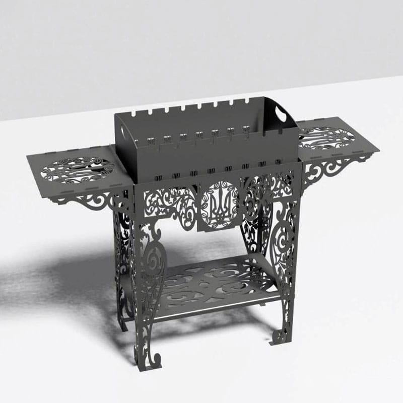 Мангал Тризуб розбірний на 12 шампурів з бічними полицями та нішею під дрова 138х36х76 см