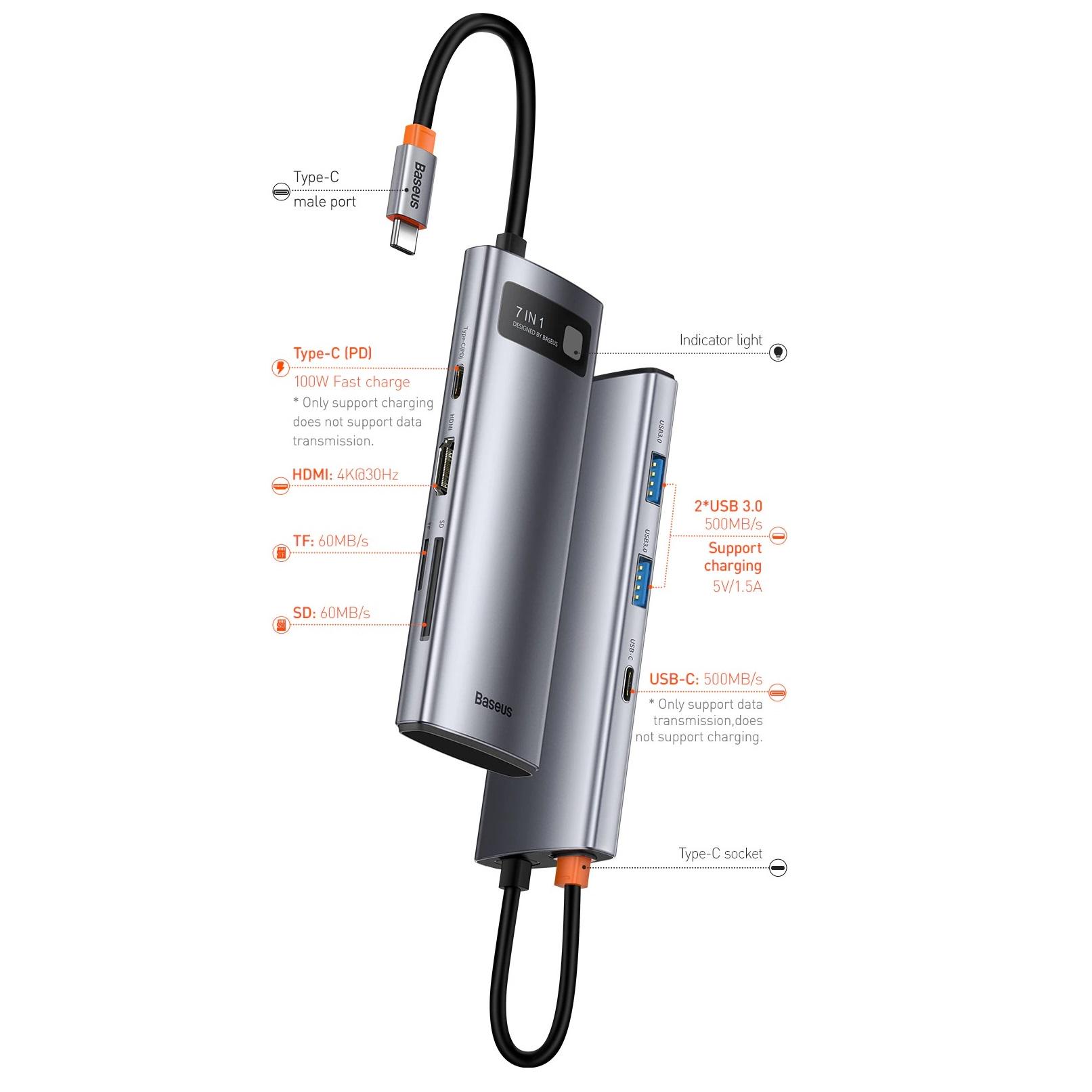 USB хаб BASEUS Metal Gleam Series 7in1 Multifunctional Type-C HUB Docking Station Gray (WKWG020113)) - фото 8 USB хаб BASEUS Metal Gleam Series 7in1 Multifunctional Type-C HUB Docking Station Gray (WKWG020113)) - фото 8