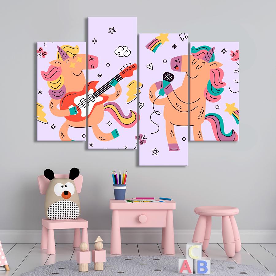 Картина в детскую комнату Мультяшные музыканты единороги 129x90 см (A1436-4)