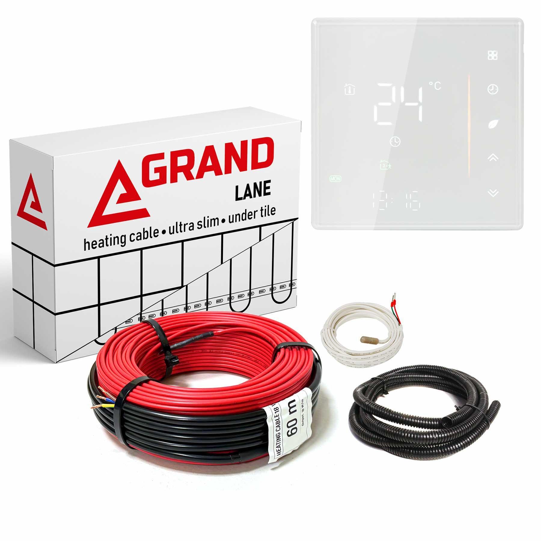 Теплый пол Grand Lane 12,4 м2/1800 Вт/100 м нагревательный кабель glc180100k5 под плитку 18 Вт/м и WiFi сенсорный терморегулятор Белый Теплый пол Grand Lane 12,4 м2/1800 Вт/100 м нагревательный кабель glc180100k5 под плитку 18 Вт/м и WiFi сенсорный терморегулятор Белый