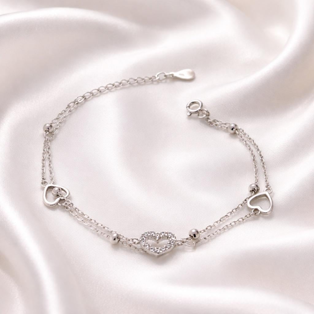 Браслет срібний з подвійним ланцюжком та серцем із вставками р. 17-20 см