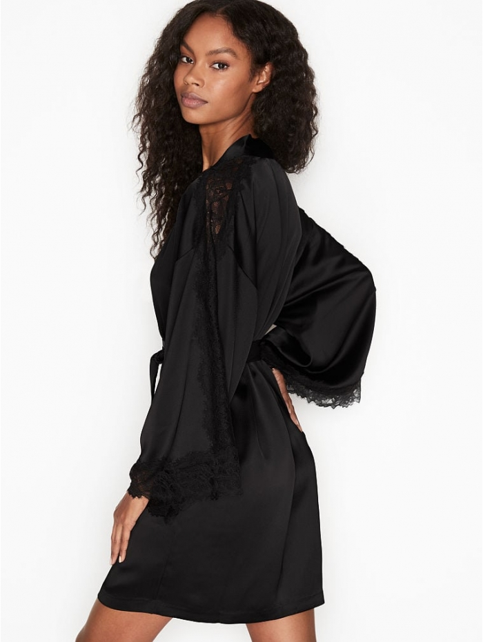 Халат жіночий Victoria's Secret Lace Inset Robe сатин XS/S Чорний (17628840) - фото 2